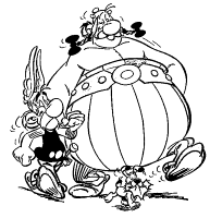 Een kleurplaat van Asterix, Obelix en Idefix gaan op avontuur