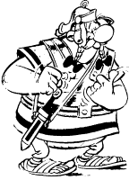 Een kleurplaat van Obelix in het pak van een Romein