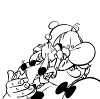 Een kleurplaat van Obelix wordt gelikt door zijn hondje Idefix