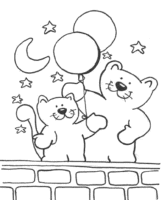 Een kleurplaat van 2 katten met balonnen in de nacht op een muurtje